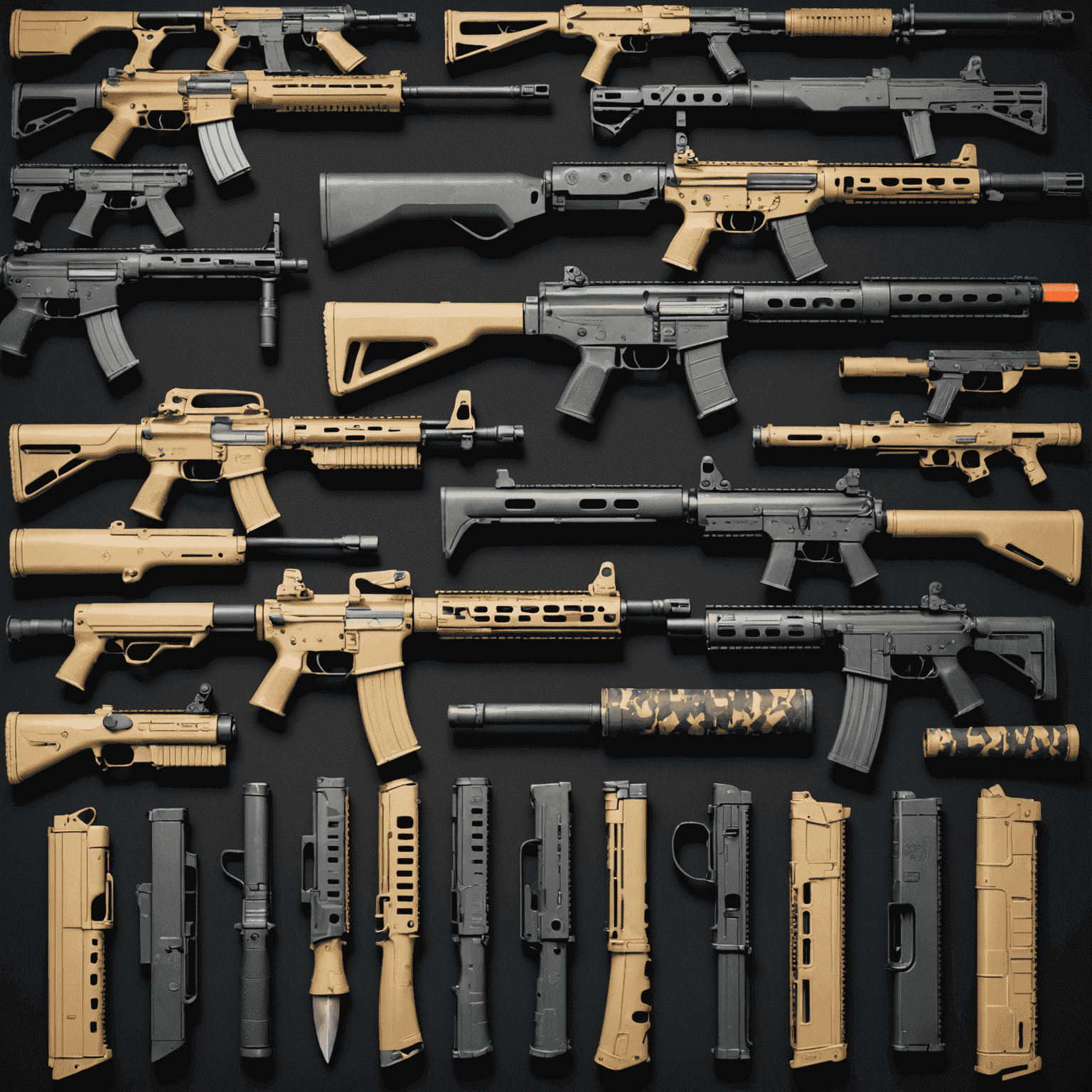 A collection of high-value CS2 weapon skins, including rare knife skins and popular assault rifle skins, arranged in a visually appealing grid layout