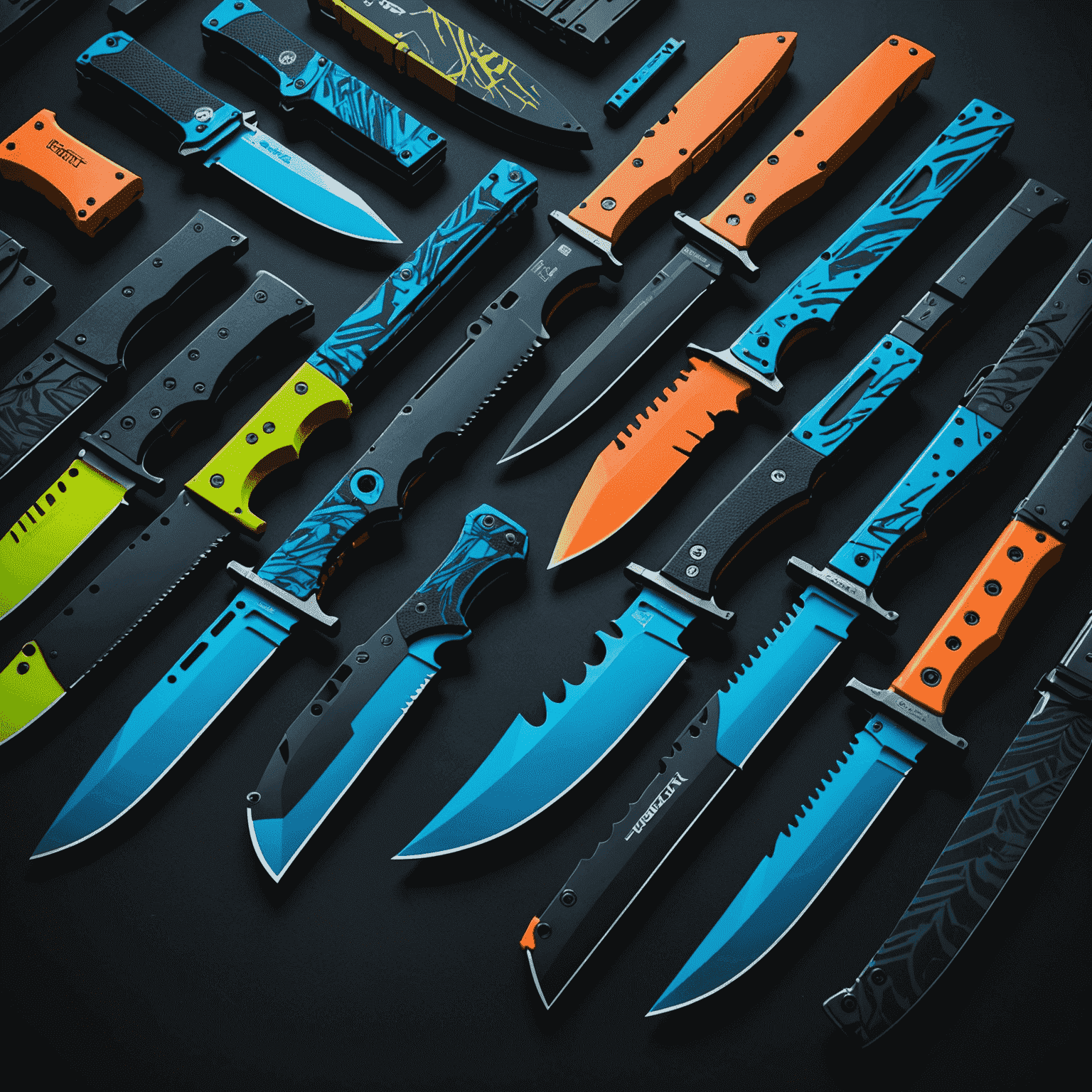 A collection of high-value CS2 skins, including rare knives and colorful weapon skins, displayed on a sleek, dark background with neon blue accents. The image showcases the potential trades awaiting verified users on rafikoskins.com.