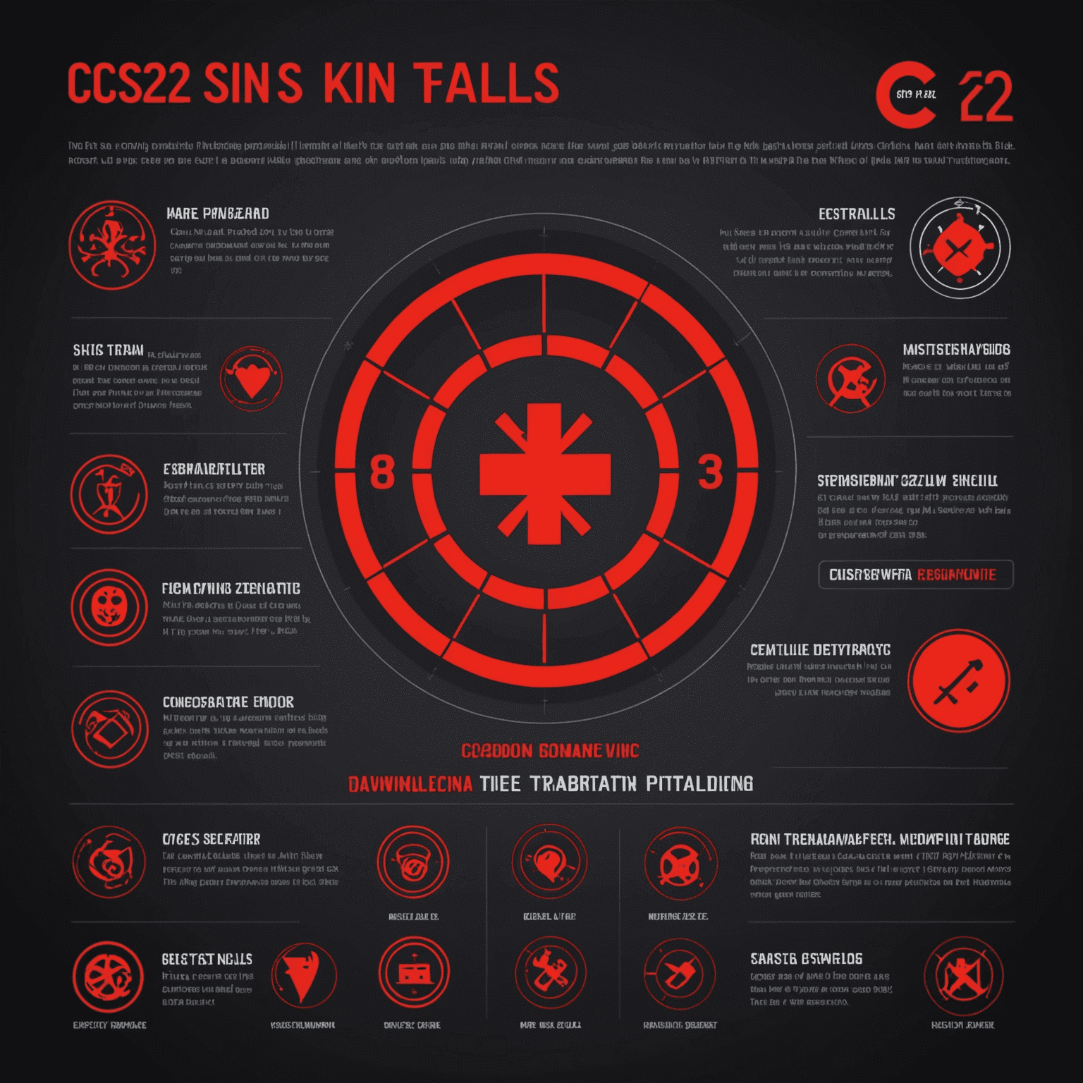 An infographic showing common CS2 skin trading pitfalls, with red warning symbols on a dark background